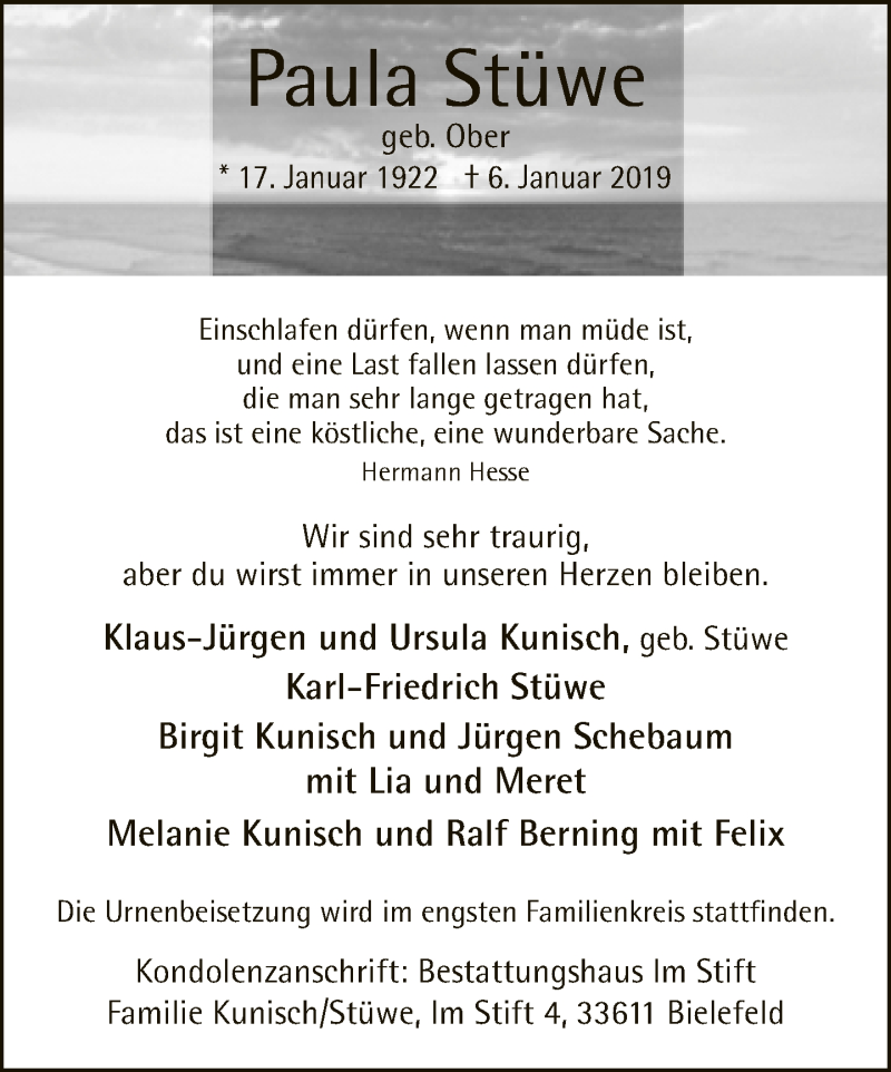  Traueranzeige für Paula Stüwe vom 12.01.2019 aus Neue Westfälische