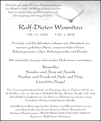Traueranzeige von Ralf-Dieter Wosnitza von Neue Westfälische