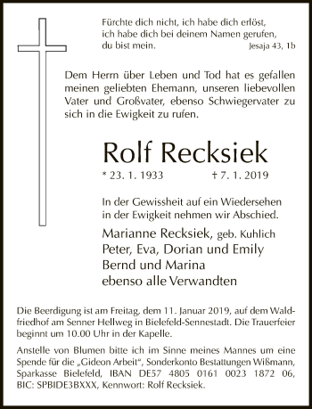 Traueranzeige von Rolf Recksiek von Neue Westfälische