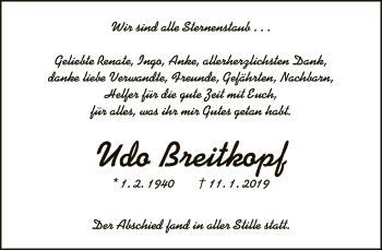 Traueranzeige von Udo Breitkopf von Neue Westfälische