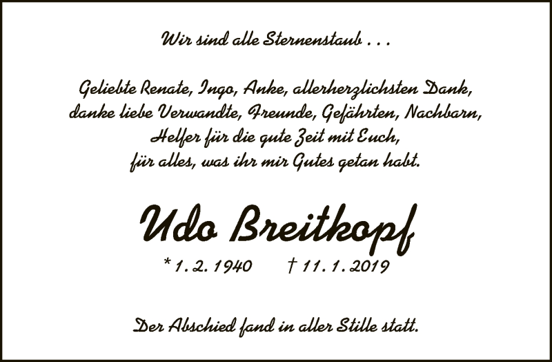  Traueranzeige für Udo Breitkopf vom 19.01.2019 aus Neue Westfälische