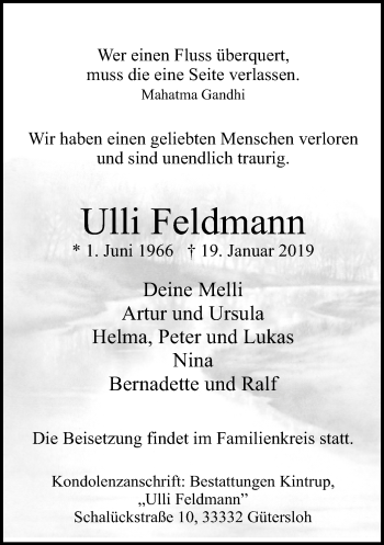 Traueranzeige von Ulli Feldmann von Neue Westfälische