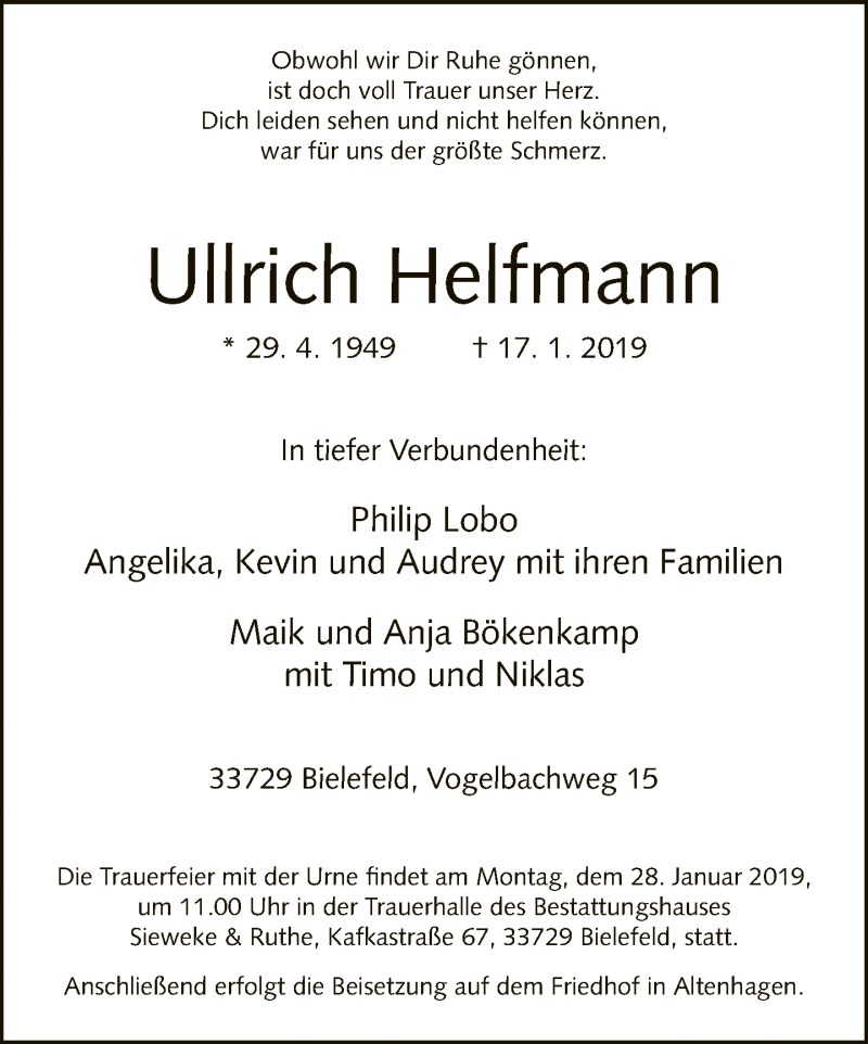  Traueranzeige für Ullrich Helfmann vom 23.01.2019 aus Neue Westfälische