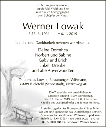 Traueranzeige von Werner Lowak von Neue Westfälische