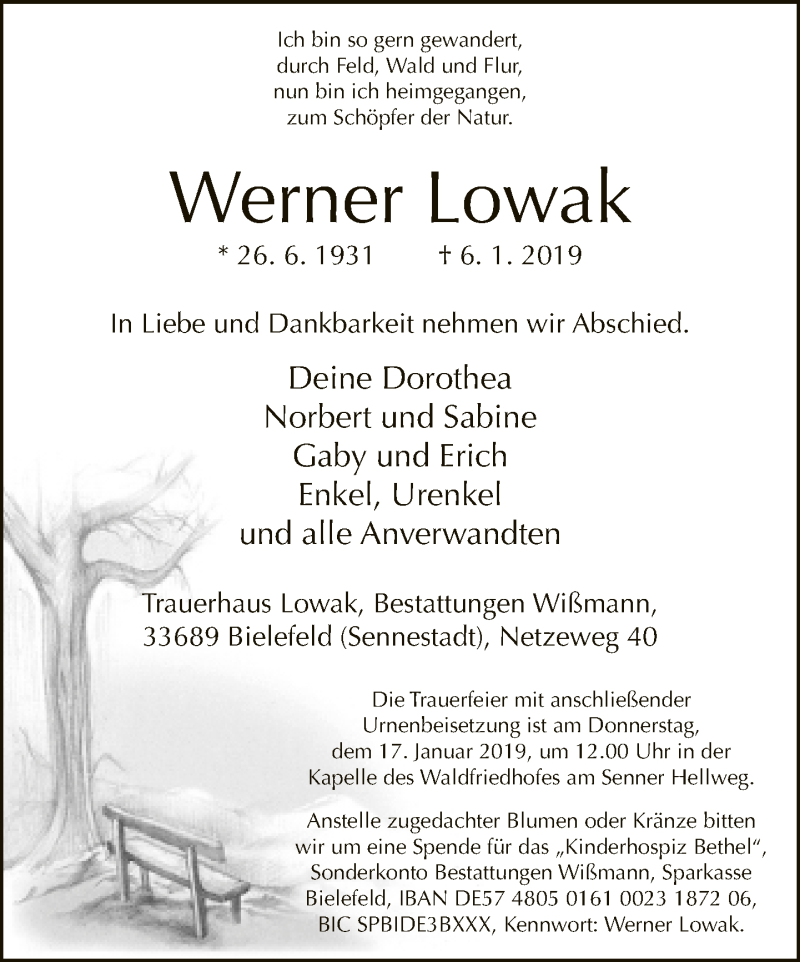  Traueranzeige für Werner Lowak vom 12.01.2019 aus Neue Westfälische