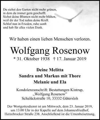 Traueranzeige von Wolfgang Rosenow von Neue Westfälische