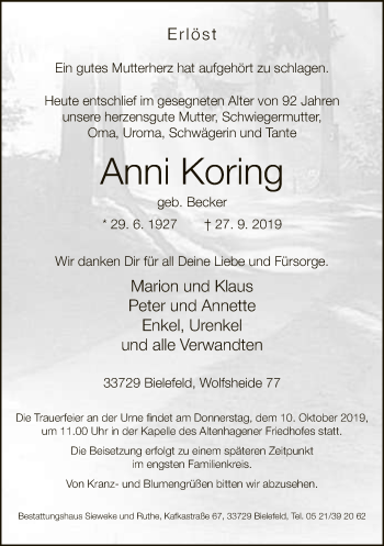 Traueranzeige von Anni Koring von Neue Westfälische