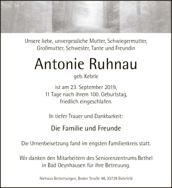 Traueranzeige von Antonie Ruhnau von Neue Westfälische