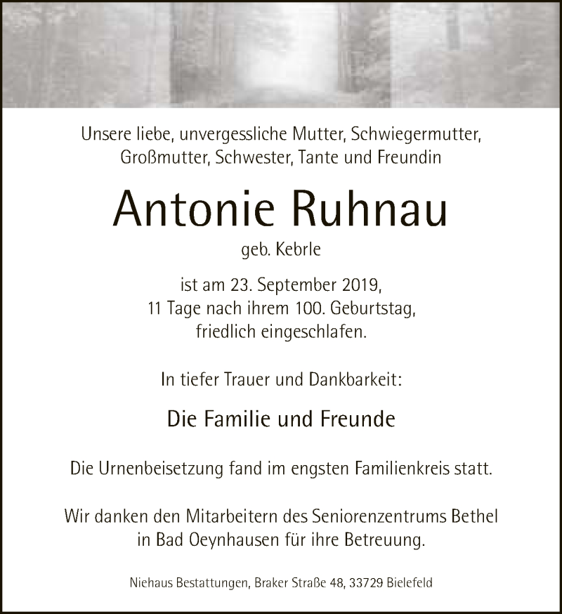  Traueranzeige für Antonie Ruhnau vom 12.10.2019 aus Neue Westfälische