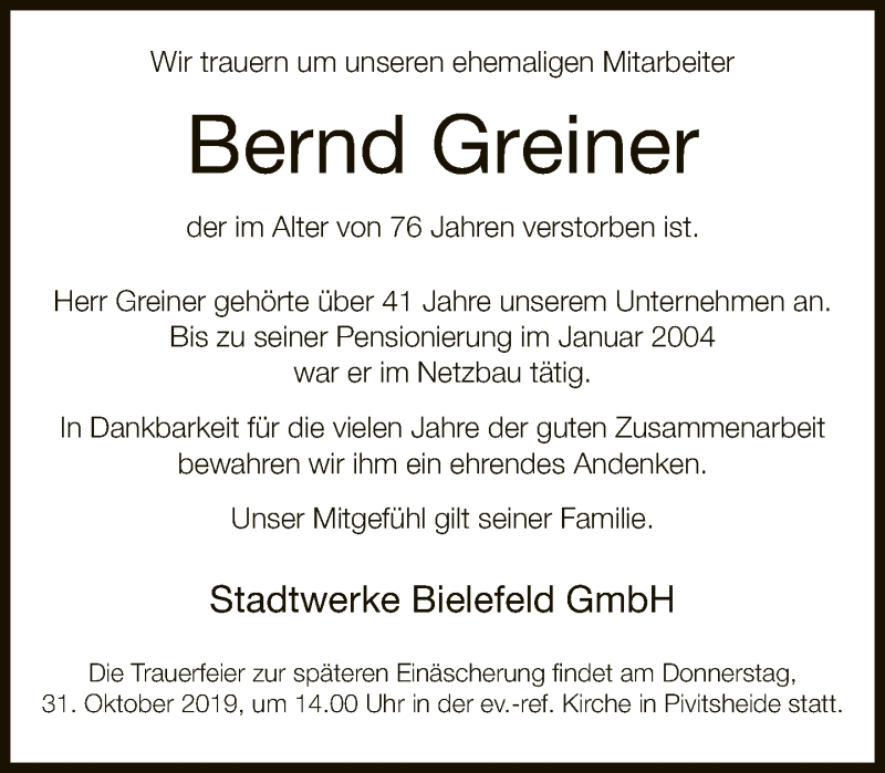  Traueranzeige für Bernd Greiner vom 28.10.2019 aus Neue Westfälische