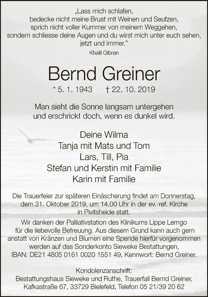  Traueranzeige für Bernd Greiner vom 26.10.2019 aus Neue Westfälische