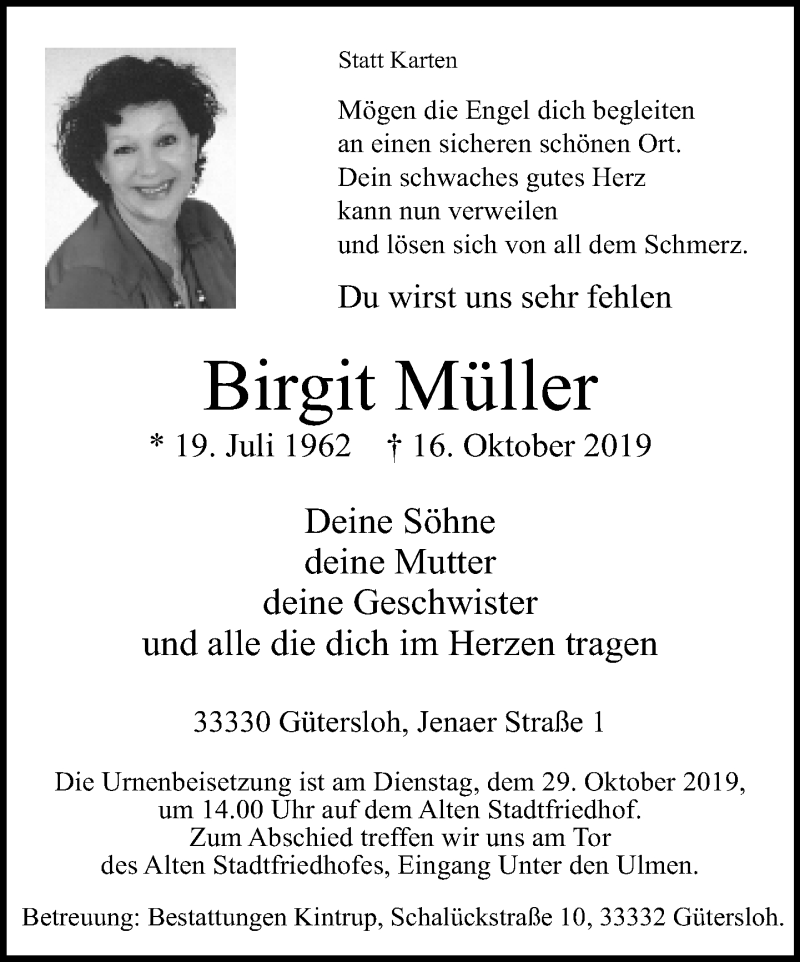  Traueranzeige für Birgit Müller vom 25.10.2019 aus Neue Westfälische