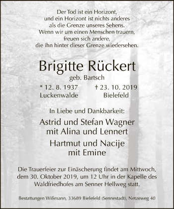 Traueranzeige von Brigitte Rückert von Neue Westfälische