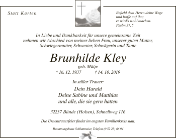 Traueranzeige von Brunhilde Kley von Neue Westfälische
