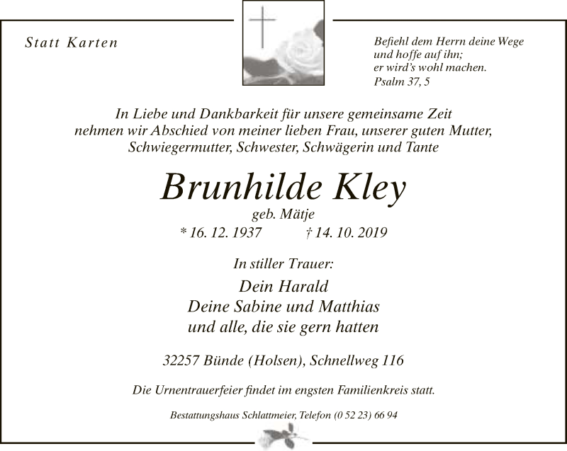 Traueranzeige für Brunhilde Kley vom 19.10.2019 aus Neue Westfälische