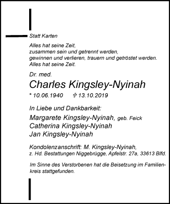 Traueranzeige von Charles Kingsley-Nyinah von Neue Westfälische