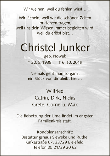 Traueranzeige von Christel Junker von Neue Westfälische