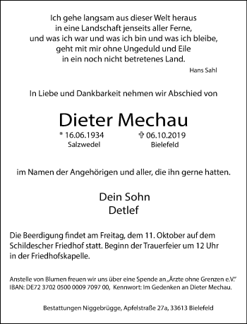 Traueranzeige von Dieter Mechau von Neue Westfälische
