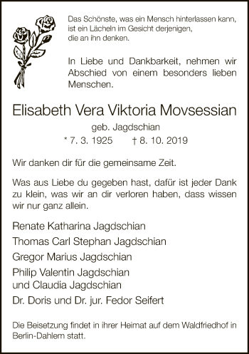 Traueranzeige von Elisabeth Vera Viktoria Movsessian von Neue Westfälische