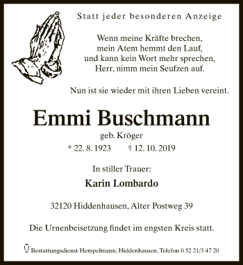 Traueranzeige von Emmi Buschmann von Neue Westfälische