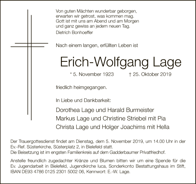  Traueranzeige für Erich-Wolfgang Lage vom 30.10.2019 aus Neue Westfälische