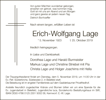 Traueranzeige von Erich-Wolfgang Lage von Neue Westfälische