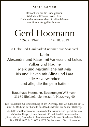 Traueranzeige von Gerd Hoomann von Neue Westfälische