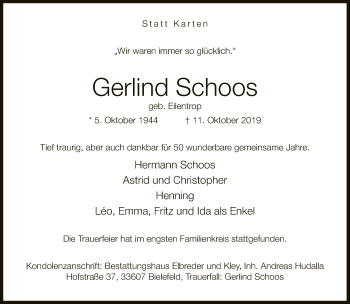 Traueranzeige von Gerlind Schoos von Neue Westfälische