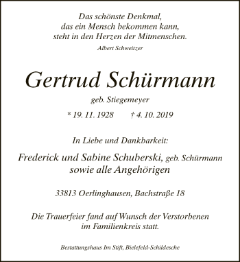 Traueranzeige von Gertrud Schürmann von Neue Westfälische
