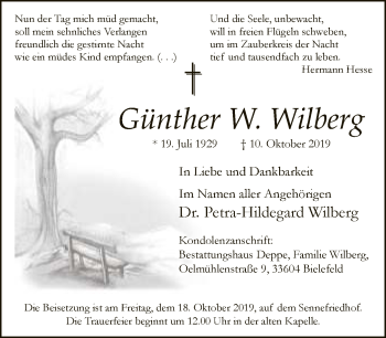 Traueranzeige von Günther W. Wilberg von Neue Westfälische
