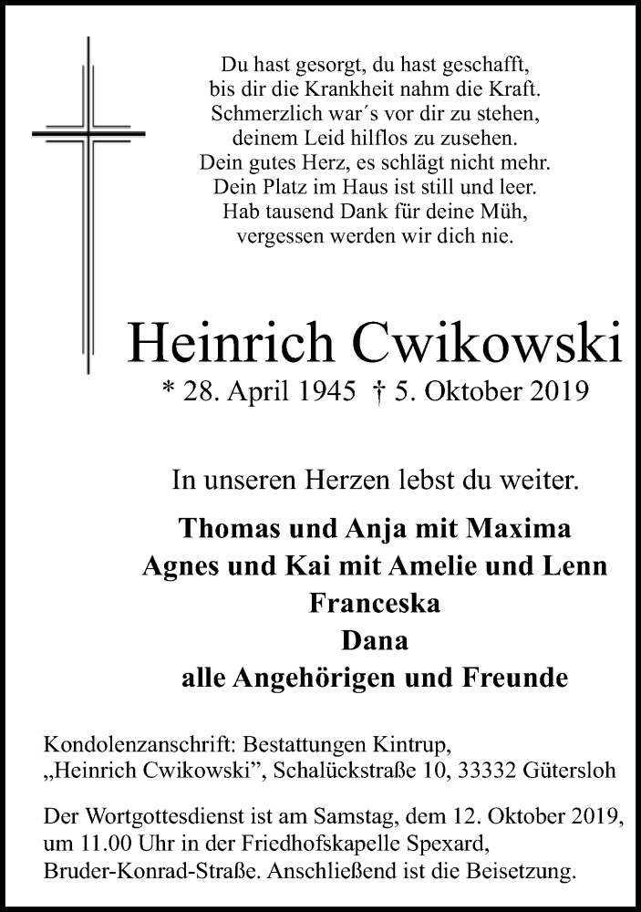  Traueranzeige für Heinrich Cwikowski vom 08.10.2019 aus Neue Westfälische