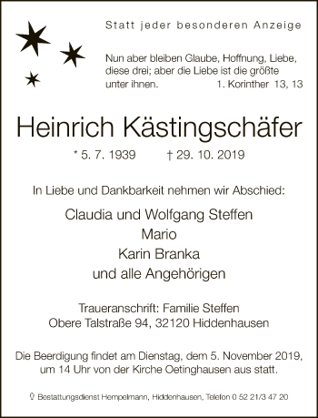 Traueranzeige von Heinrich Kästingschäfer von Neue Westfälische