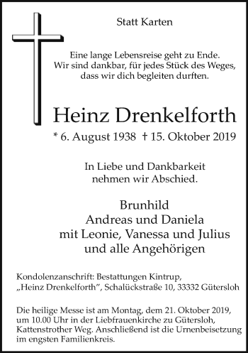 Traueranzeige von Heinz Drenkelforth von Neue Westfälische