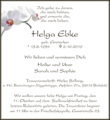 Traueranzeige von Helga Ebke von Neue Westfälische