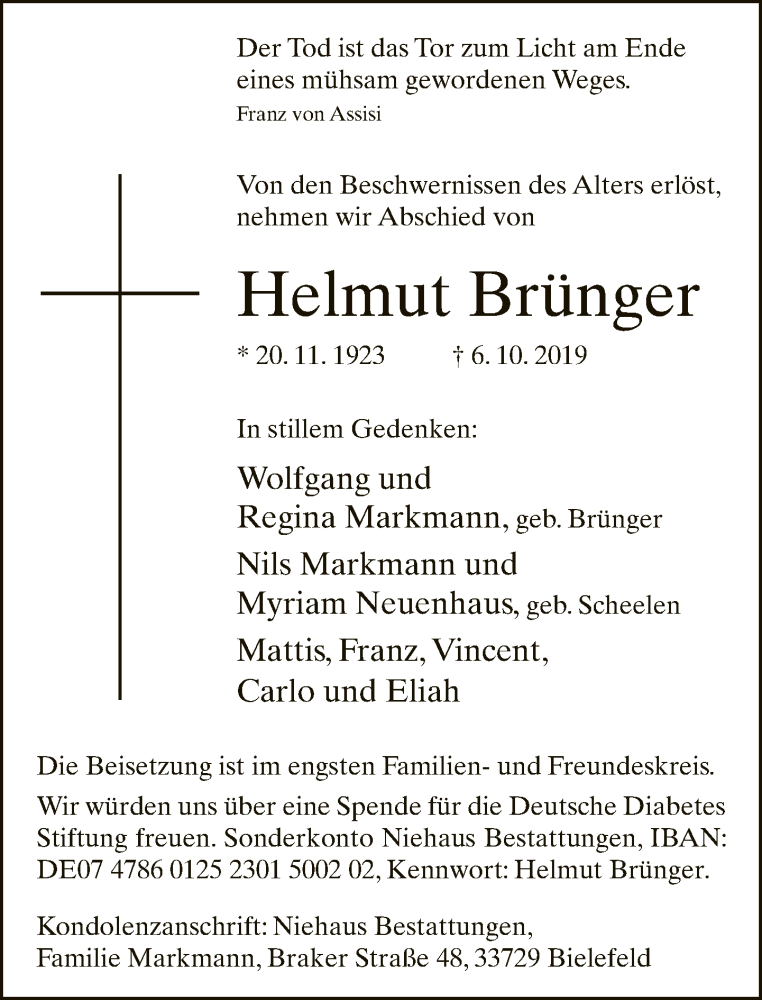  Traueranzeige für Helmut Brünger vom 12.10.2019 aus Neue Westfälische