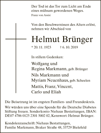 Traueranzeige von Helmut Brünger von Neue Westfälische