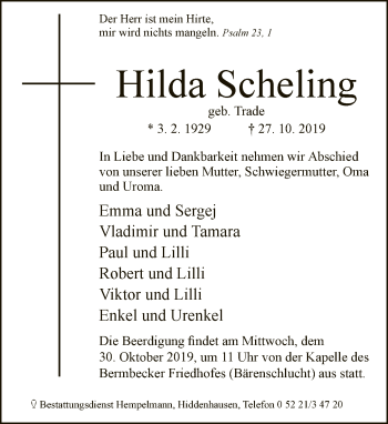 Traueranzeige von Hilda Scheling von Neue Westfälische