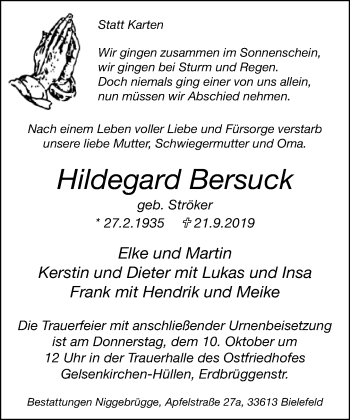 Traueranzeige von Hildegard Bersuck von Neue Westfälische