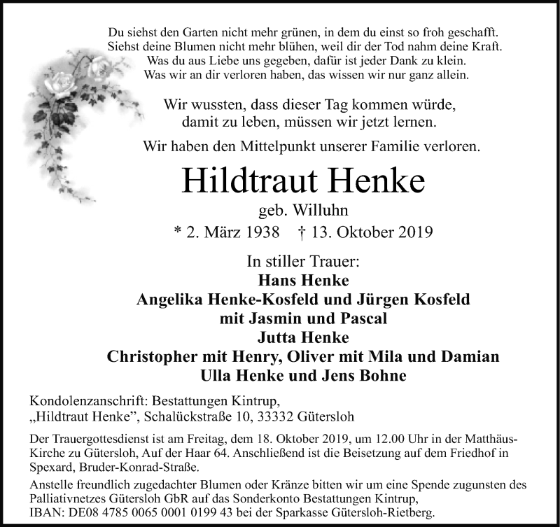  Traueranzeige für Hildtraut HEnke vom 15.10.2019 aus Neue Westfälische