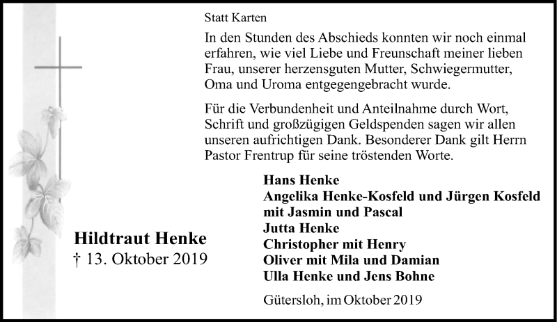  Traueranzeige für Hildtraut HEnke vom 30.10.2019 aus Neue Westfälische