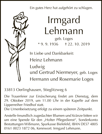 Traueranzeige von Irmgard Lehmann von Neue Westfälische