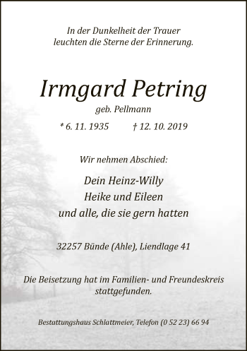 Traueranzeige von Irmgard Petring von Neue Westfälische