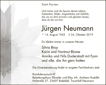 Traueranzeige von Jürgen Neumann von Neue Westfälische