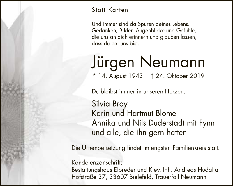  Traueranzeige für Jürgen Neumann vom 26.10.2019 aus Neue Westfälische