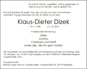 Traueranzeige von Klaus-Dieter Dizek von Neue Westfälische