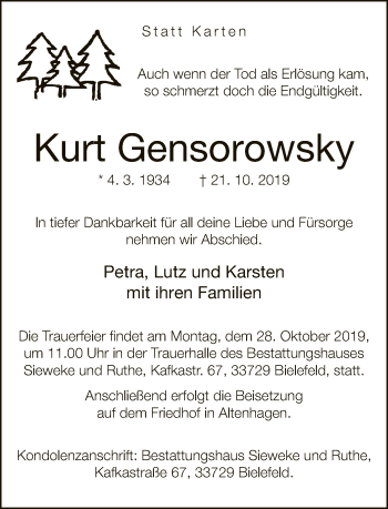 Traueranzeige von Kurt Gensorowsky von Neue Westfälische