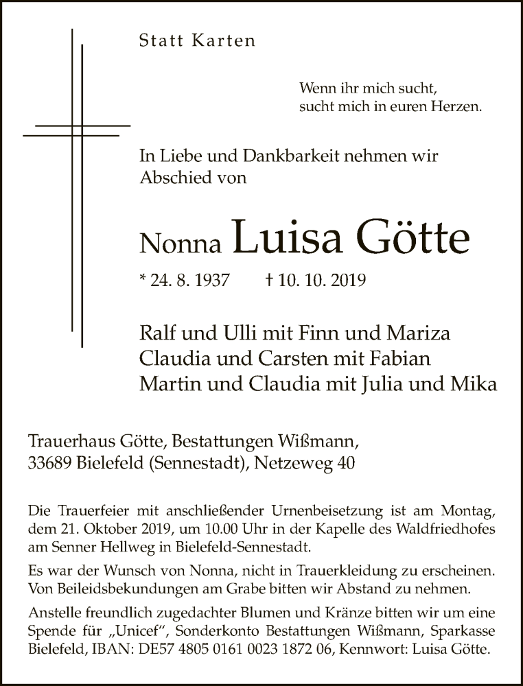  Traueranzeige für Luisa Götte vom 12.10.2019 aus Neue Westfälische