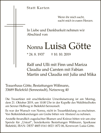 Traueranzeige von Luisa Götte von Neue Westfälische