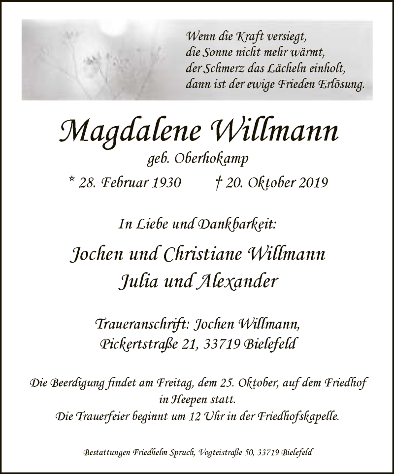  Traueranzeige für Magdalene Willmann vom 22.10.2019 aus Neue Westfälische