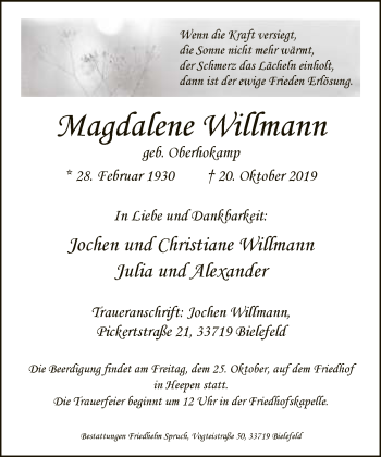 Traueranzeige von Magdalene Willmann von Neue Westfälische